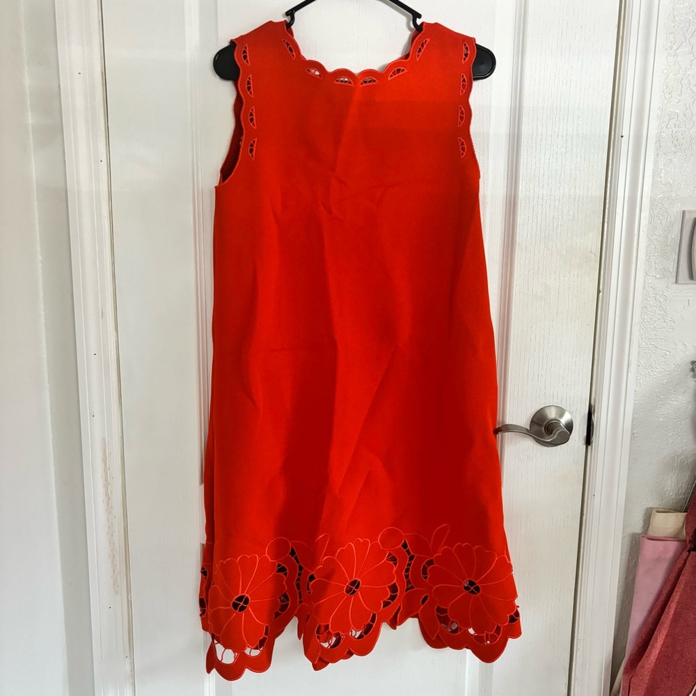 Oscar De La Renta Orange Flower Cut Hem Midi Dress